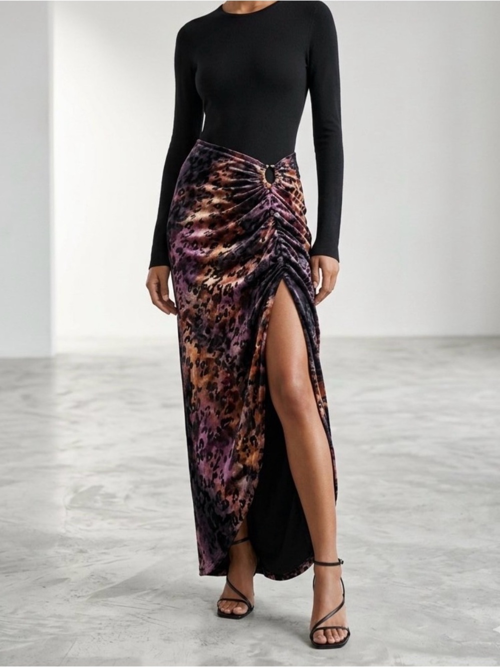 JLUXLABEL Purple Velvet Leopard Asymmetric Draped Ruched Maxi Skirt - Size L